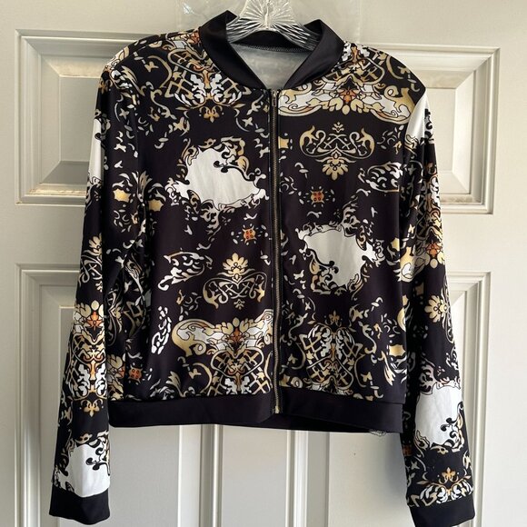 Womens Baroque Print Fashion Pants & Jacket Set Black & Gold Size M - Picture 1 of 5